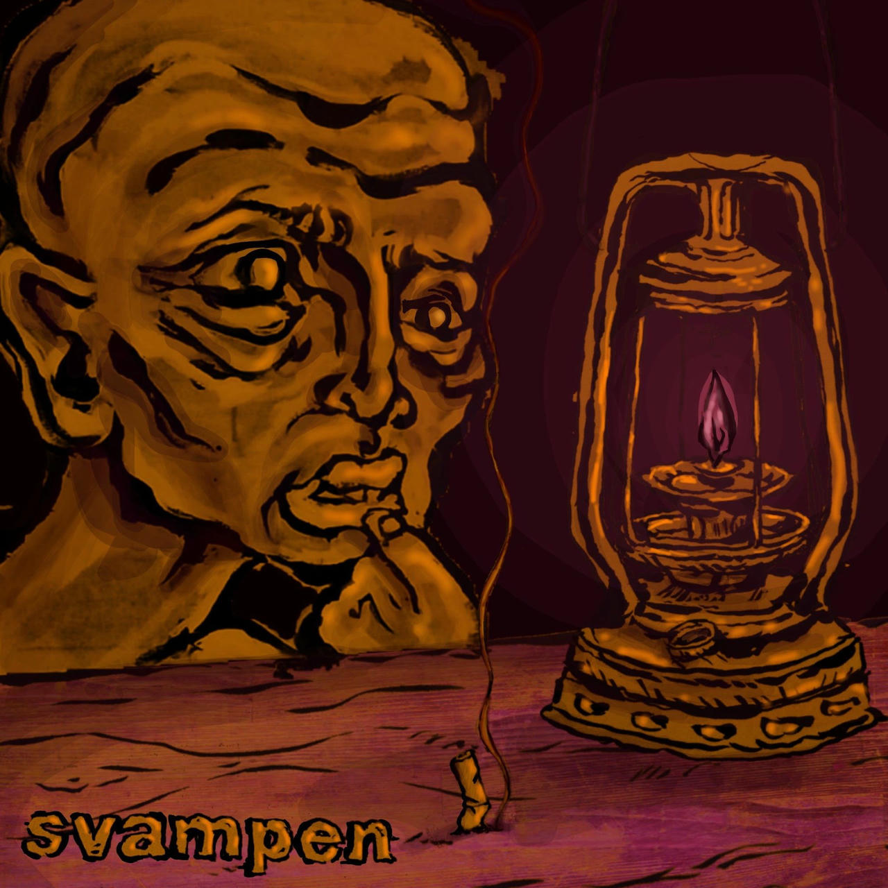 A painting depicting a wrinkled human face sitting and looking at a petroleum lamp and a cigaret butt still smoking. It's all fairly gloomy and dark.